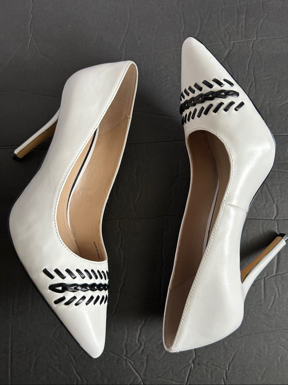 White House Black Market Olivia White Pointed Toe Heels with Black Braid Detail
